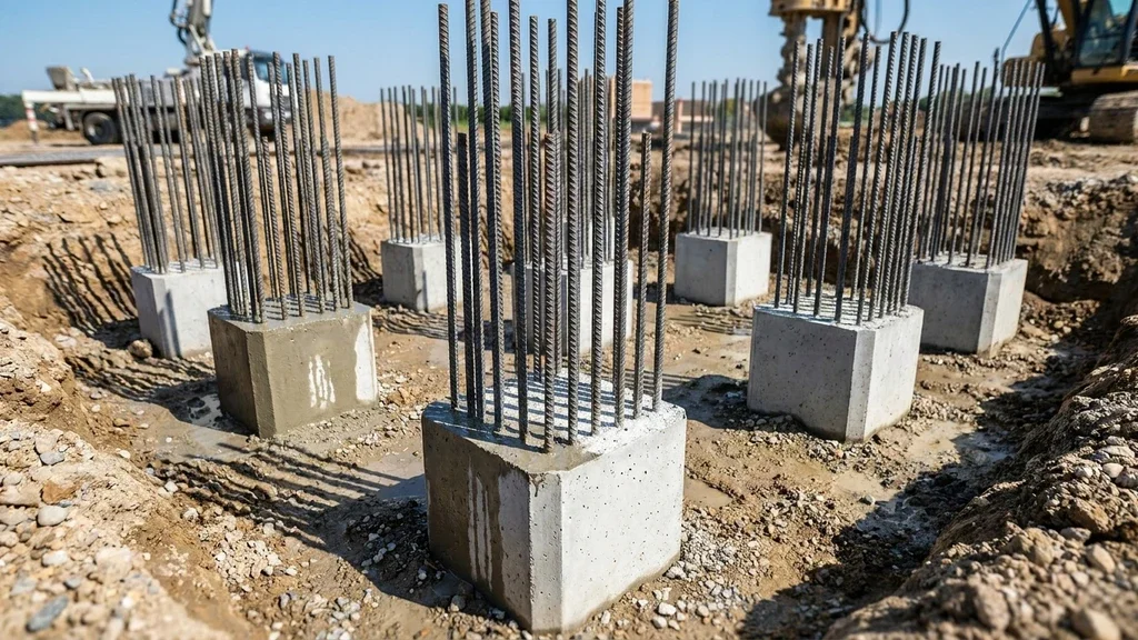 נוצר על ידי מודל בינה מלאכותית Gemini Pro כלונסאות בטון יצוקים בקרקע מוכנים להמשך בנייה