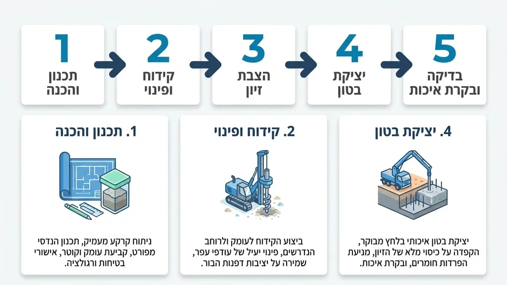 נוצר על ידי מודל בינה מלאכותית Gemini Pro מהנדס בוחן דגימות קרקע בשטח לקראת יציקת כלונסאות