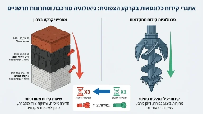 מכונת קידוח כלונסאות פועלת באזור הררי בצפון