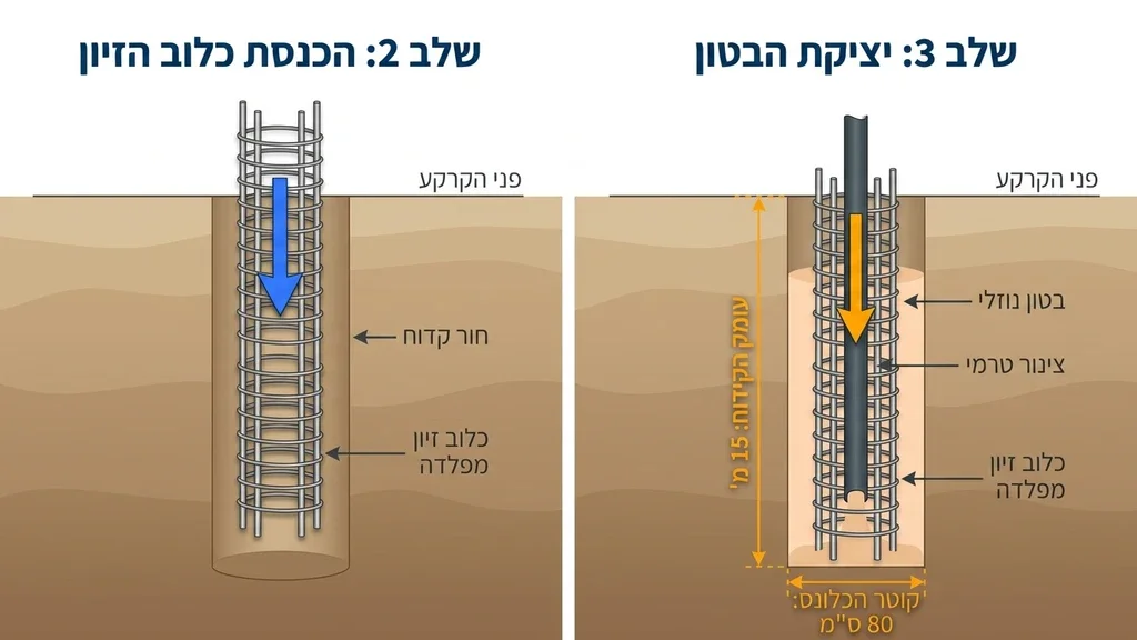 נוצר על ידי מודל בינה מלאכותית Gemini Pro הכנסת כלוב זיון מפלדה לתוך בור קידוח