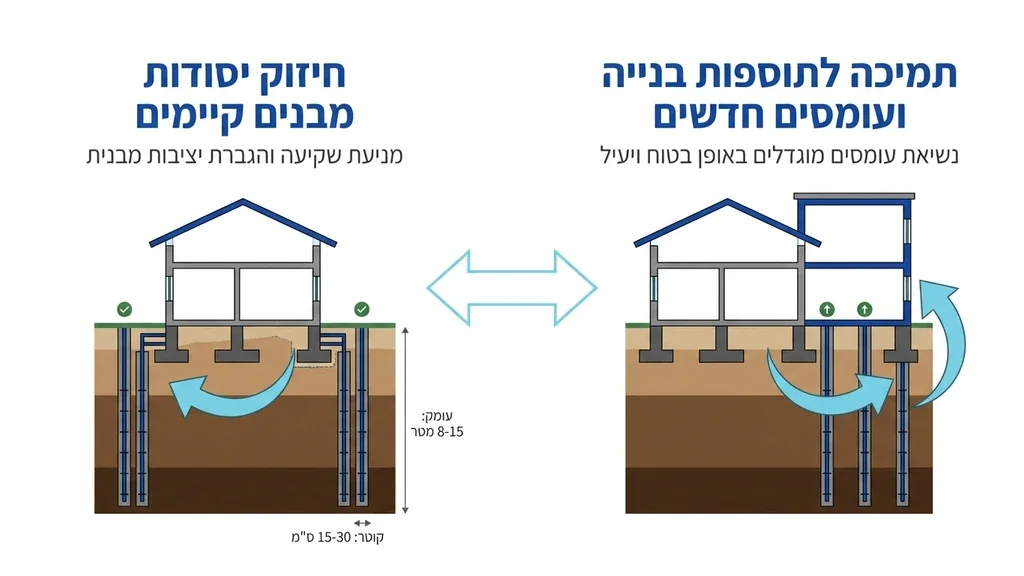 נוצר על ידי מודל בינה מלאכותית Gemini Pro החדרת מוטות פלדה לחיזוק יסודות מבנה קיים בשיטת מיקרופייל